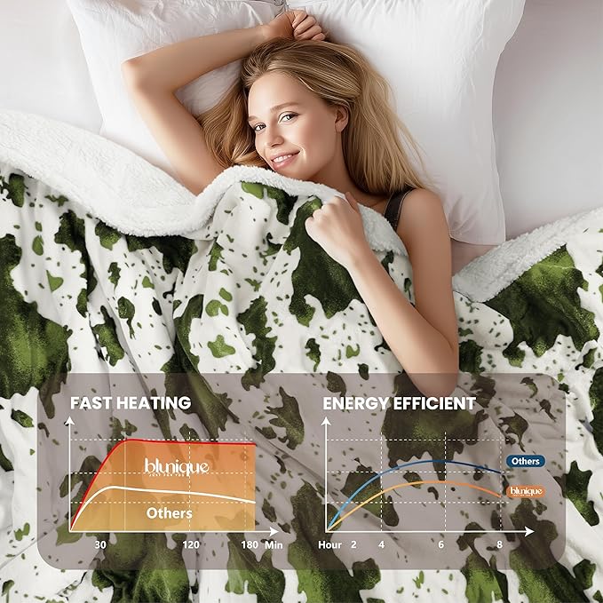 Heated Blanket Full Blanket - Fast Heating Electric Blanket, Soft Flannel Heated Full with 4 Time Settings,10 Heating Settings, Warm Gifts for Women & Mom & Grandma(72"x84"Cow Print Sage)