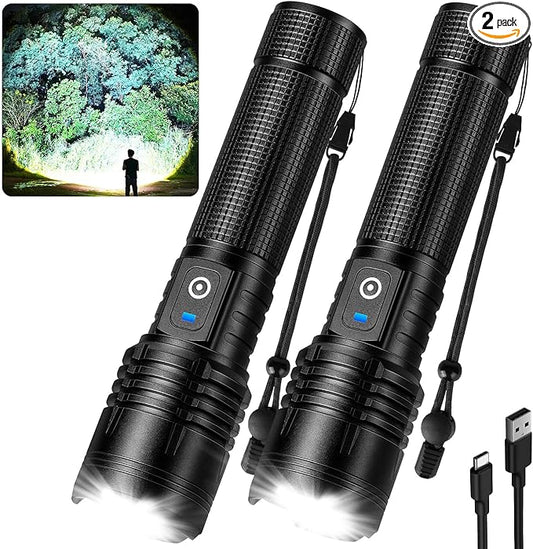 Kmivo Flashlight Rechargeable LED High Lumens, 99,000 Lumens Super Bright Flash Lights with 5 Modes, Adjustable，Waterproof Powerful Linterna for Home, Camping(2 Pack)
