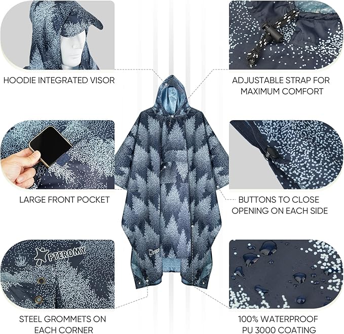 PTEROMY 3-in-1 Hooded Rain Poncho for Adult with Pocket, Waterproof Lightweight Unisex Raincoat for Hiking Camping Emergency