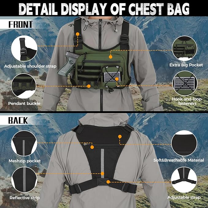koculemi Outdoor Sports Chest Bag for Men, Chest Vest Holster Fits Most Pistols, EDC Travel Chest Pack for Running, Hiking