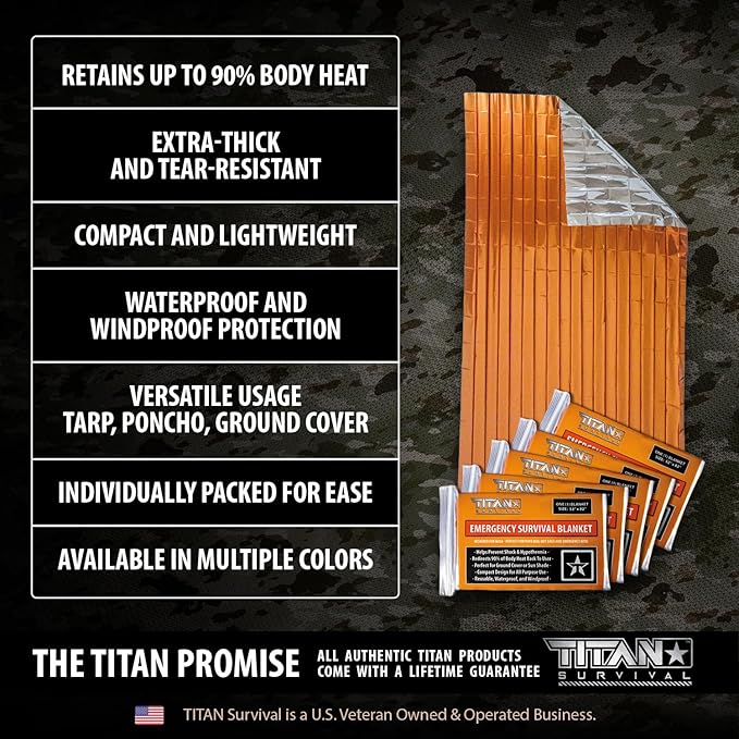 TITAN Survival Premium Mylar Survival Blankets (5 Pack) Thermal Emergency Survival Blanket for Camping, Hunting, Hiking - 90% Heat Retention & Waterproof - Portable Space Blanket w/Size Options