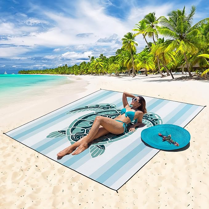 HIHOHO Beach Blanket Waterproof Sandproof Beach Mat 79”x 83” for 1-8 Adults Quick Drying Durable Outdoor Picnic Mat for Beach Festival Travel Camping Hiking (GN-Stripes Seaturtle, 79"×83"(4 Person))