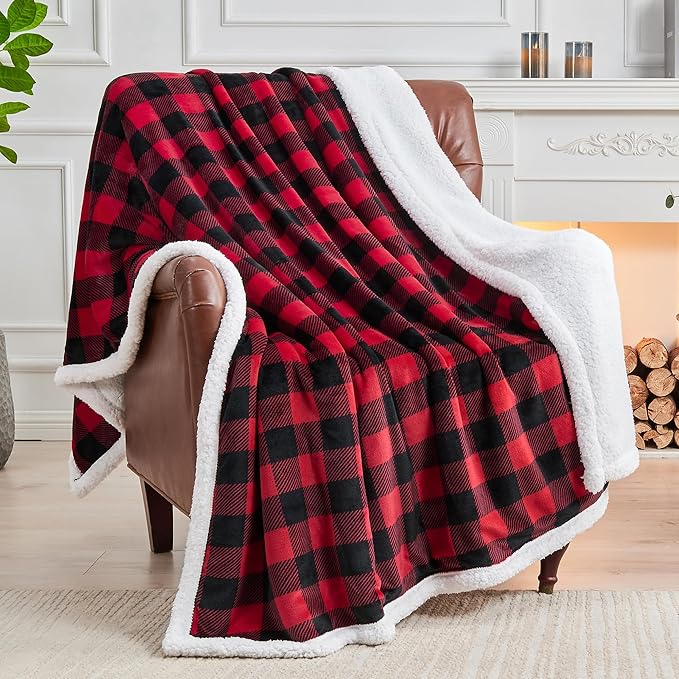 BEDELITE Sherpa Fleece Blankets King Size - Black and Red Buffalo Plaid Christmas Blanket, Super Soft Cozy Warm Thick Winter Blanket for Couch and Bed, 108" x 90"