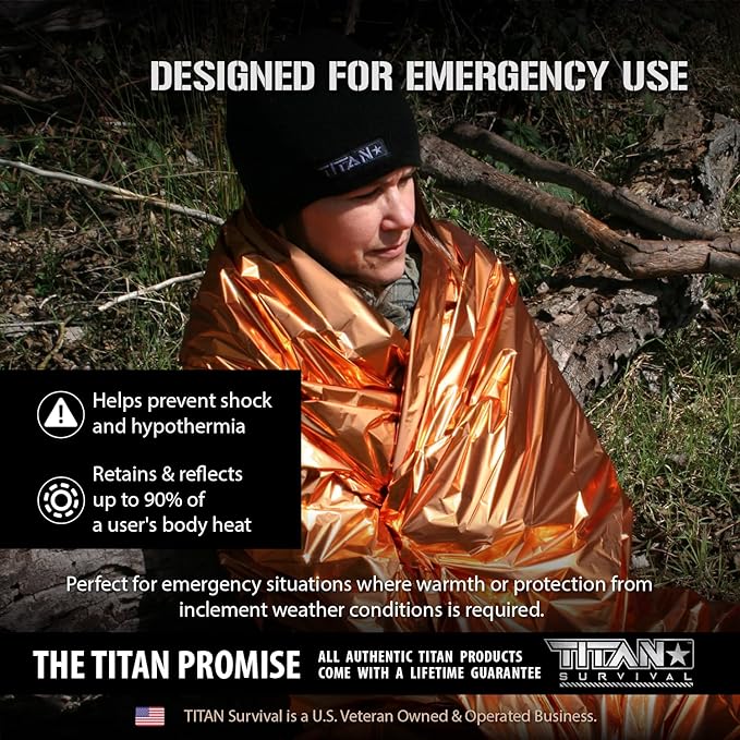TITAN Survival Premium Mylar Survival Blankets (5 Pack) Thermal Emergency Survival Blanket for Camping, Hunting, Hiking - 90% Heat Retention & Waterproof - Portable Space Blanket w/Size Options