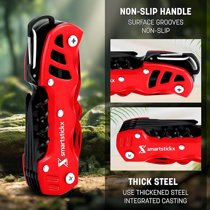 SmartstickX 16 in 1 Multi Tool Tactical Knife Camping essential Survival with Knife, Scissors, Saw, Wine Opener, Multiple Screwdrivers, Key Chain Easy Carry, Fish Scaler (Red)