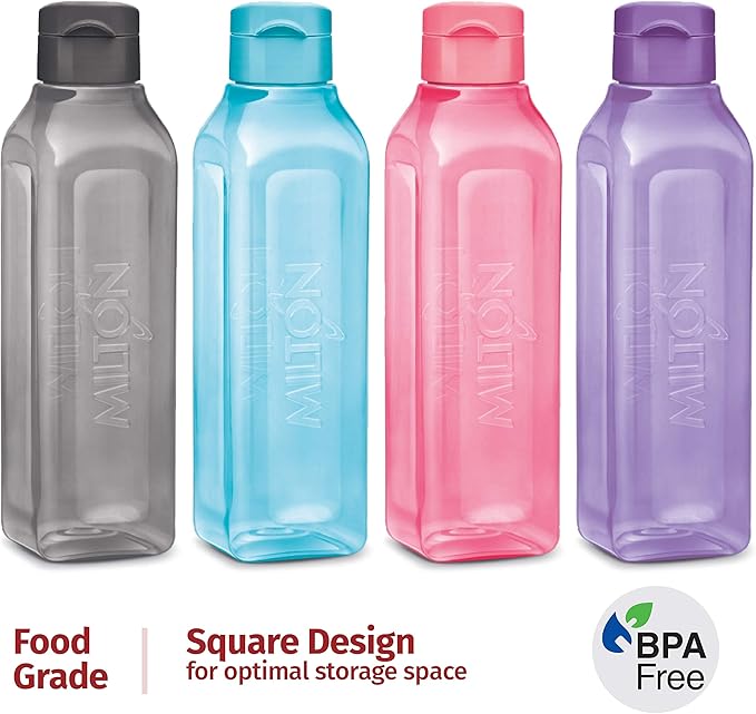 Sports Water Bottle Square Juice Box 128 Set 32 oz. Great for Juices Milk Smoothies Plastic Wide-Mouth Reusable Leak Proof Drink Bottle/Carton for School Bags Lunch Boxes Gym Flip Lid -BPA Free