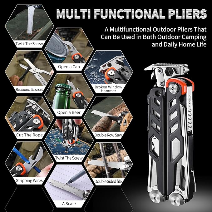 23-in-1 Multitool Pliers with Scissors,Wire Cutters,Window Breaker,Flint,Saw Screwdrivers,Bottle Opener,Carrying Pouch,High-carbon Steel Multi Tool for Camping Survival and Gift (Black And Silver)