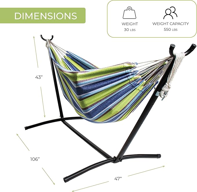 Backyard Expressions Double Camping Hammock with Steel Stand & Carrying Bag, Adjustable Height, Ultra Soft Cotton Blend, 550 lb Capacity, Indoor & Outdoor Portable Hammock
