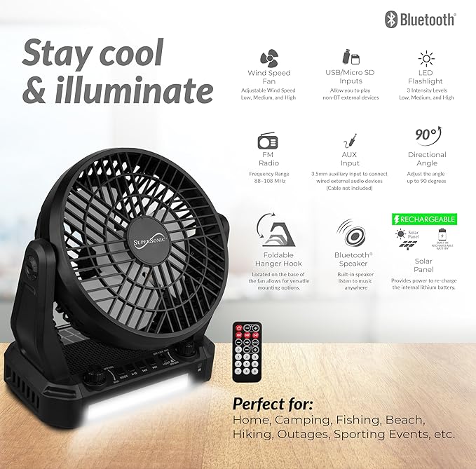 Supersonic SC-1076ERF Solar Powered Portable Fan with 6-Inch Fan Diameter, Adjustable 3 Wind Speed, Foldable Hanger Hook, LED Flashlight, Bluetooth, FM Radio, AUXUSB/mSD Inputs
