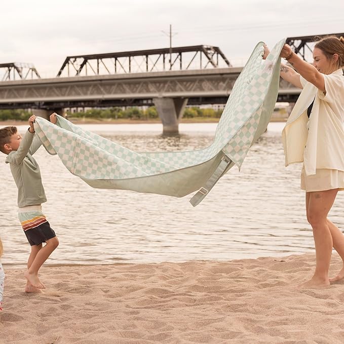Tiny Twinkle Waterproof Picnic Blanket | 5'x7' 100% Recycled Polyester, Sandproof, Foldable & Portable for Beach, Camping, Travel (Sage Checkers