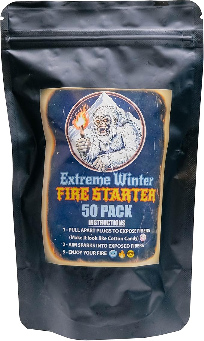 FIRE Starter Plugs (50 Pack) Extreme Winter & Weather Resistant Can Light 50+ Fires for Survival, Campfires, Fireplace, BBQ, Grill, Extra Long Burn Time | Perfect for Emergency Survival Kits