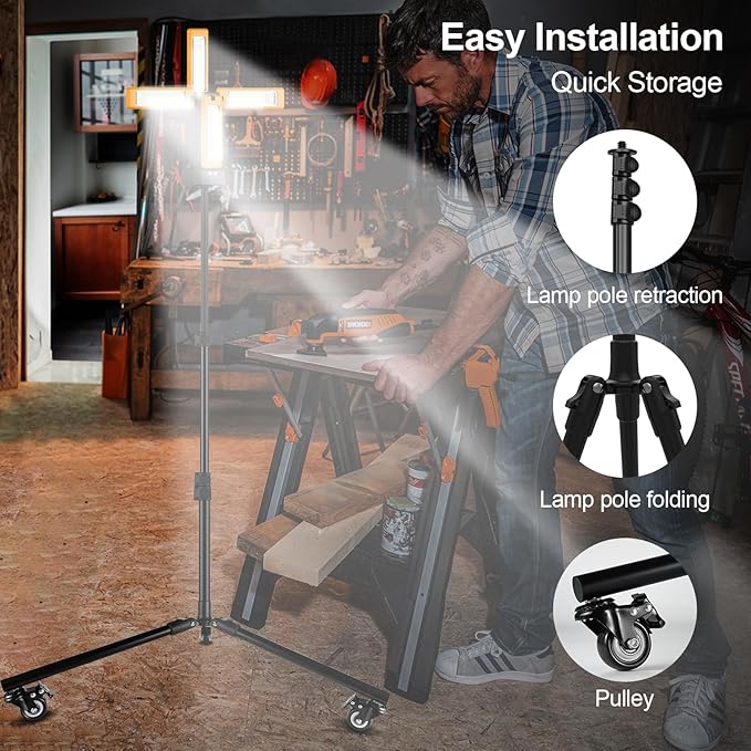 13200mAh Rechargeable Solar Work Light with Folding Stand and Carrying Bag, AODOO 8000 Lumen Stepless Dimmable , White/Warm/Nature White/RED(SOS) with Detachable Tripod (Orange(Tripod with Pulley))