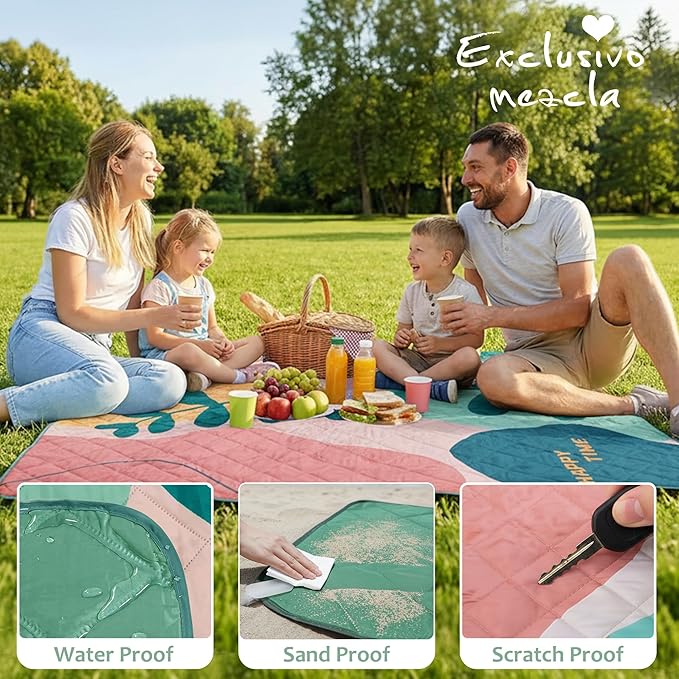 Exclusivo Mezcla Waterproof Picnic Blankets 60x80 Inch, 3 Layer Extra Large, Sandproof and Foldable Outdoor Blanket for Beach Camping, Park and Travel