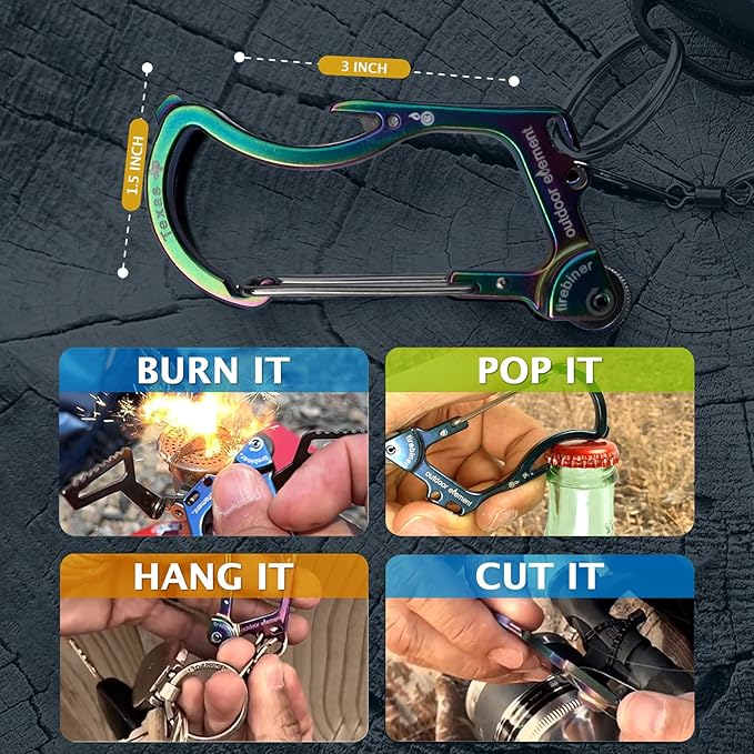 OUTDOOR ELEMENT Firebiner Custom Engraved 6-in-1 Fire Starter Carabiner Multitool – Survival Gear EDC Keychain with Utility Blade, Bottle Opener, Screwdriver, Emergency Tool