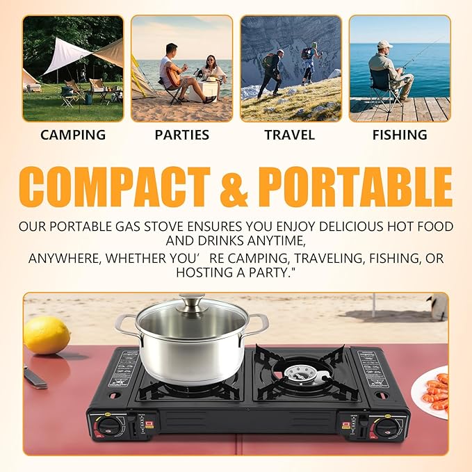 Portable Camping Stove｜24,000 BTU Dual Burner Gas Grill w/Removable Case｜Compact 24.8" Outdoor Cooker for RV Tailgating｜Stainless Steel 2-Burner Propane Stove