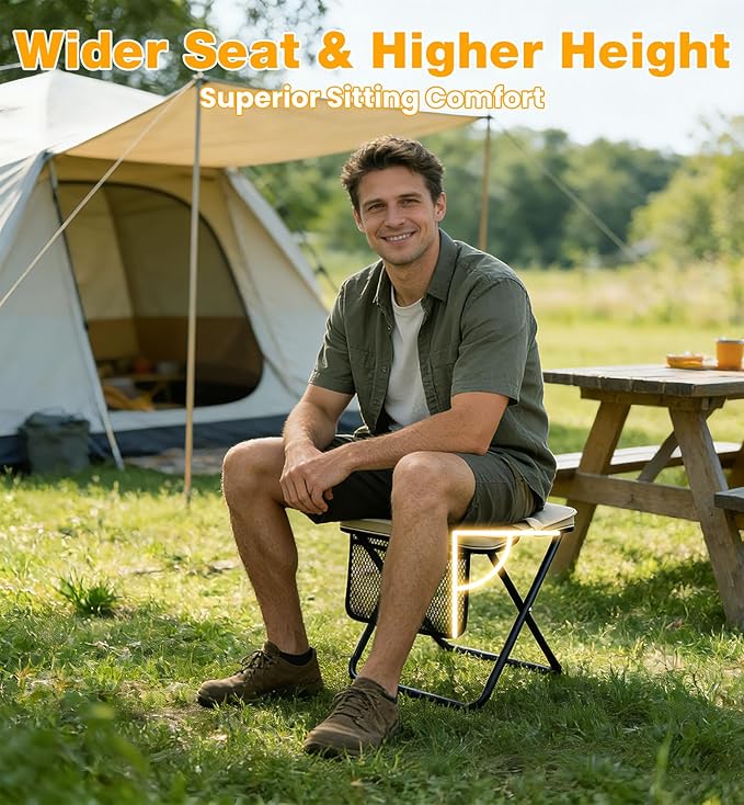 XL Portable Chairs for Adults, 14.2" Tall & Wide Knee-Friendly Folding Stool Pocket Chair, Foldable Backpack Stool, Heavy Duty Collapsible Camping Seat for Fishing Travel - Khaki