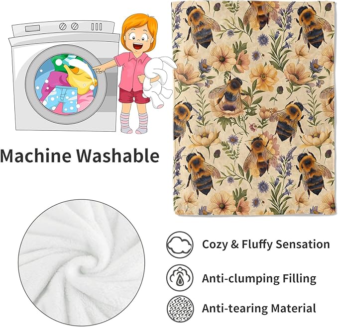 Bumblebee and Floral Blanket Bee and Wildflower Yellow Throw Blankets Gifts for Girls Boys Adults Lightweight Soft Fleece Cozy for Sofa Couch Bed Room Travel Birthday Decor 60x80in