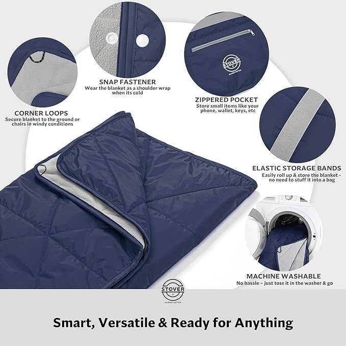 STOVER Large Waterproof Outdoor Stadium Blanket- Extra Thick Soft Fleece Camping Blanket for Travel, Picnics, Sports, Dogs 79"x55", Warm, Windproof, Sand-Proof, Lightweight, Packable (Alpine Blue)