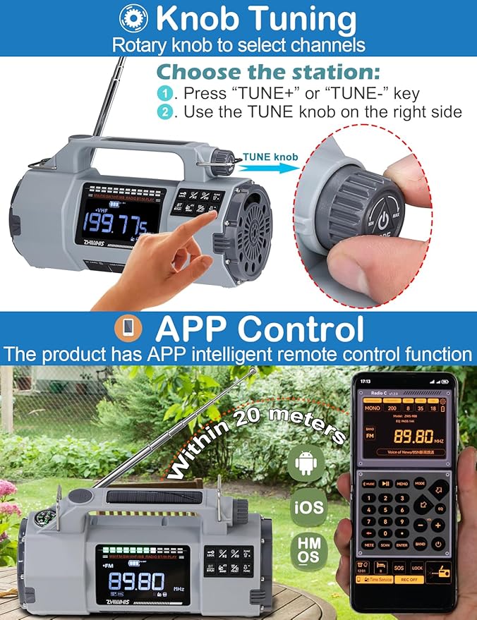 ZHIWHIS Emergency Radio with Bluetooth, Multi-Function Portable Radios with LCD VA Display, FM/MW/SW/VHF/WB Receiver with Alerts, Hand Crank/Solar/USB Charging, 5000mAh for Emergencies ZWS-908(Grey)