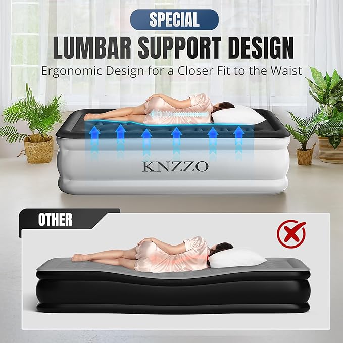 KNZZO Twin Air Mattress with Built-in Pump, 18" Top Inflatable Mattress with Waterproof Flocking Fabric, Three-Minute Quick-Inflatable Bed. Portable Blow Up Mattress for Home, Outdoor and Guests