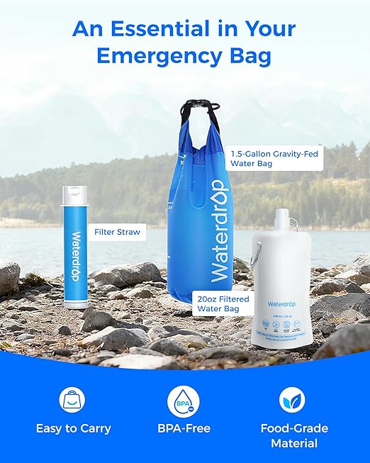 Waterdrop Gravity Water Filter Straw, Camping Water Filtration System, Water Purifier Survival for Travel, Backpacking and Emergency Preparedness, 1.5 gal Bag, 5 Stage Filtration, Pack of 1