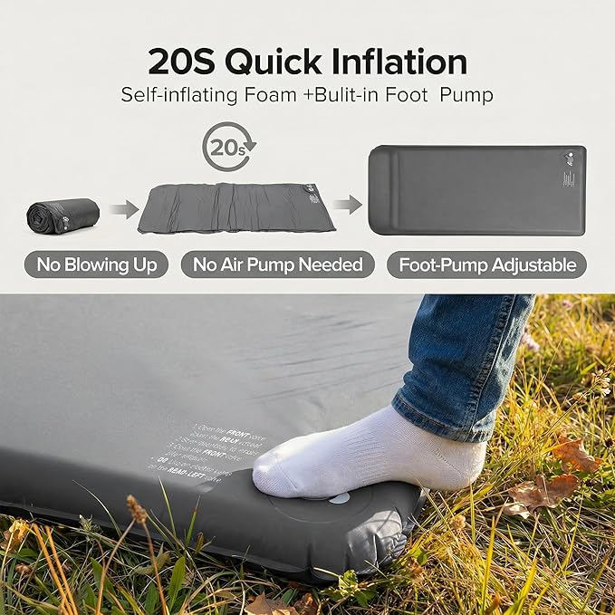 Memory Sleeping Pad, 3.1" Ultra-Thick Foam Sleeping Mat for Camping, Self-Inflating Sleeping Pad with Pillow, Quiet & 9.5 R-Value, 4-Season Camping Mattress Pad for Tent Car Travel (Gray)