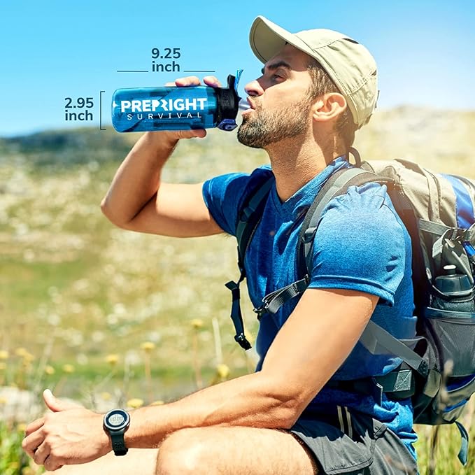 Survival – 4-Stage Water Filter Bottle, BPA-Free 22oz Camping Water Bottle with Built-In Compass, Travel and Emergency Preparedness Gear, Black