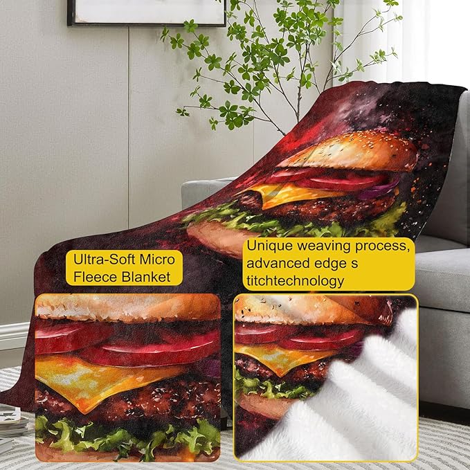 Juicy Cheeseburger Flannel Blanket, Hamburger Gifts, Food-Themed Blanket for Women, Soft Lightweight Throw Blankets for Bed Home Travel Decor 40" x 50"