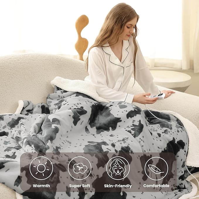 Heated Blanket Full Blanket - Fast Heating Electric Blanket, Soft Flannel Heated Full with 4 Time Settings,10 Heating Settings, Warm Gifts for Women & Mom & Grandma(72"x84"Cow Print Grey)