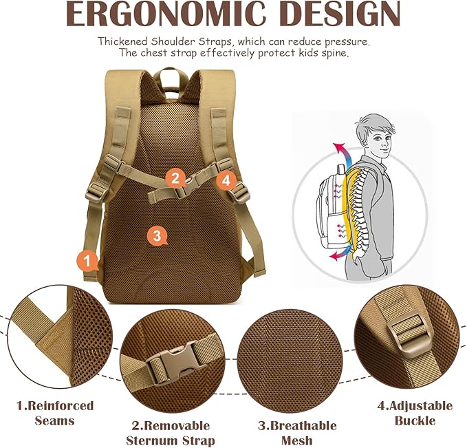 Kids Tactical Backpack Army Molle Bookbag Military Boys Backpack for School, Outdoor, Travel, Camping, Brown