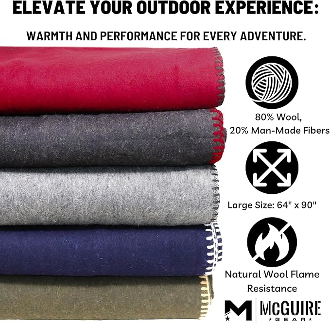 M MCGUIRE GEAR Heavy Duty Wool Blanket, Survival, Emergency, and First Aid Use – Mil-Spec, Fire Retardant, Durable Outdoor Wool Blankets for Camping. - OD Green, (64 x 90 inches)