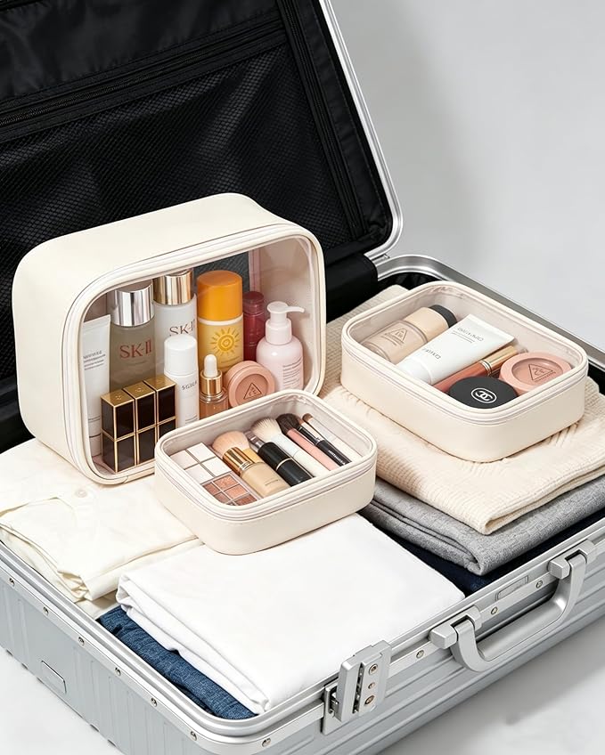 Travel Clear Makeup Bag Set for Women, 3 Pack Travel Size Toiletry Bag with Zipper Small Makeup Pouch for Purse Waterproof Portable Cosmetic Case Compact Car Organizer Storage Bag (Beige Set)