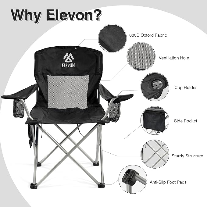 Elevon Camping Chair, Portable Folding Outdoor Chair with Arms, Cup Holder and Carry Bag