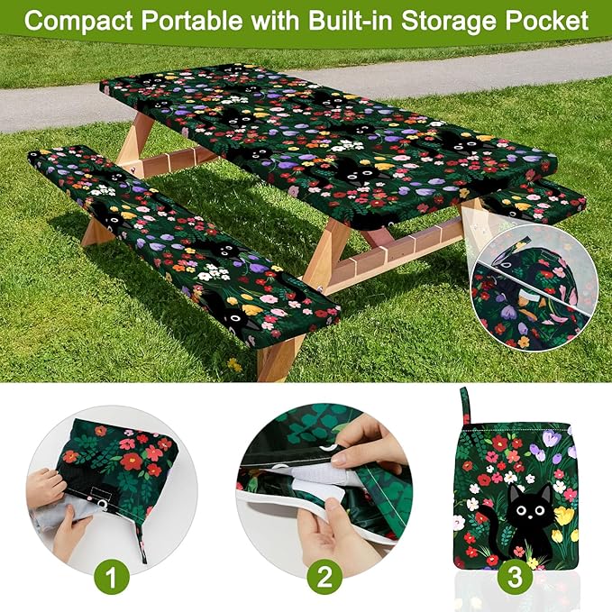 Picnic Table Cover with Bench Covers Portable Table Cloth Built-in Storage Pocket Fitted Tablecloth with Elastic Edges Waterproof Camping Essentials for Indoor Outdoor Rv,72in,Green Black