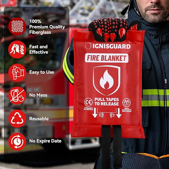 2-Pack Fire Blanket for Home and Kitchen, Includes 1 Fire Resistant Glove and 2 Hooks, Fire Blankets Emergency for Home Safety, Emergency Fire Blankets Suppressant Kit