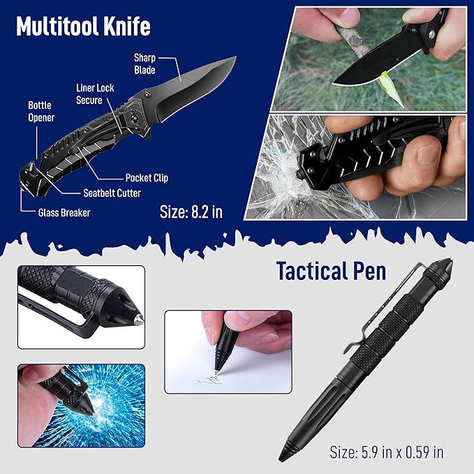 Emergency Survival Gear Kit 12-in-1 – Outdoor Adventure Equipment with LED Tactical Flashlight, Fire Starter Glass Breaker Pen – Camping Hiking Hunting Accessories – Survival Gifts for Men Dad Husband