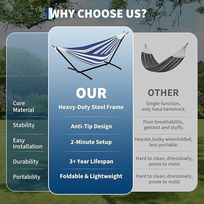 Garvee 2 Person Hammocks with Stand for Outside, Double Hammocks Portable Space Saving Heavy-Duty Steel Stand for Indoor Outdoor Patio with Carrying Bag, 450 lbs Capacity