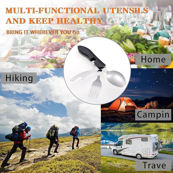 Camping Flatware, Stainless Steel Spoon Fork Knife Bottle Opener 4-in-1 Combo Utensil, Detachable Foldable Cutlery Set for Backpacking Hiking Fishing Scouting - Black