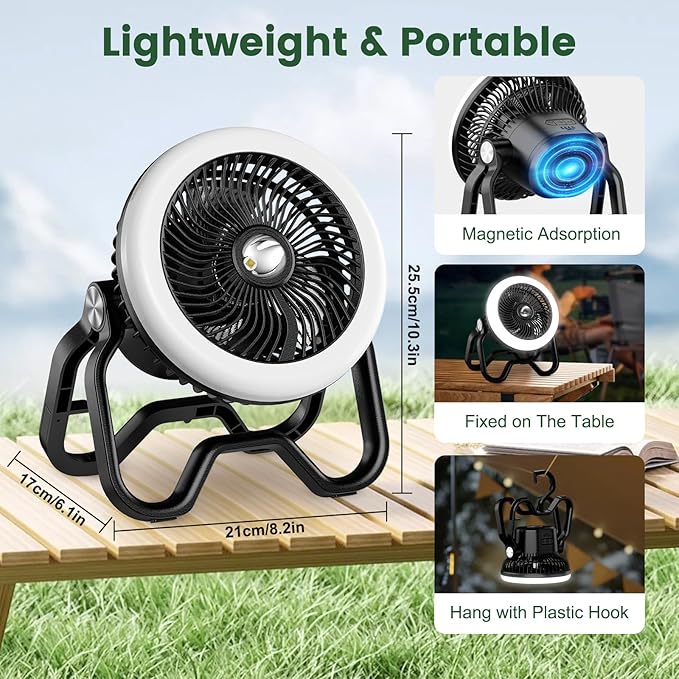 Portable Fan Rechargeable Camping Lantern-40Hrs,20000mAh Cordless Battery Operated Oscillating Fan with Remote,Hanging Hook and Magnetic Base, 3 Speeds for Tents, Outdoor, RV, Outage