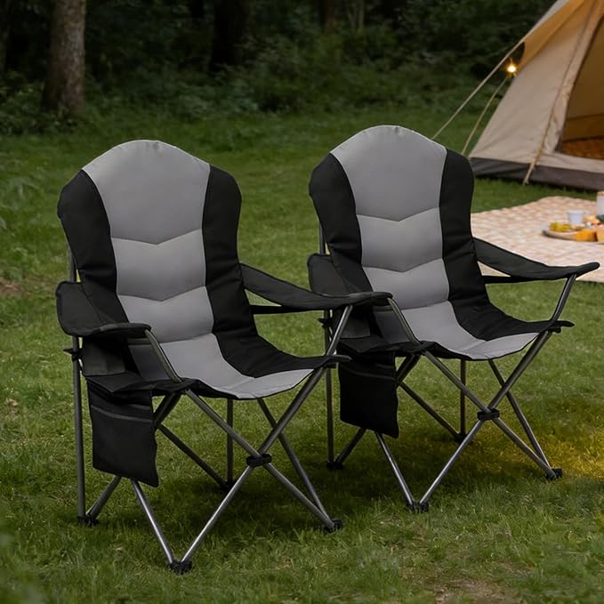 Oversized Camping Chair Heavy Duty- Portable Folding Chair, Cup Holder & Waterproof Phone Case for Adults, Beach, Hiking, Backyard (Black & Gray, 2 PCS-21)