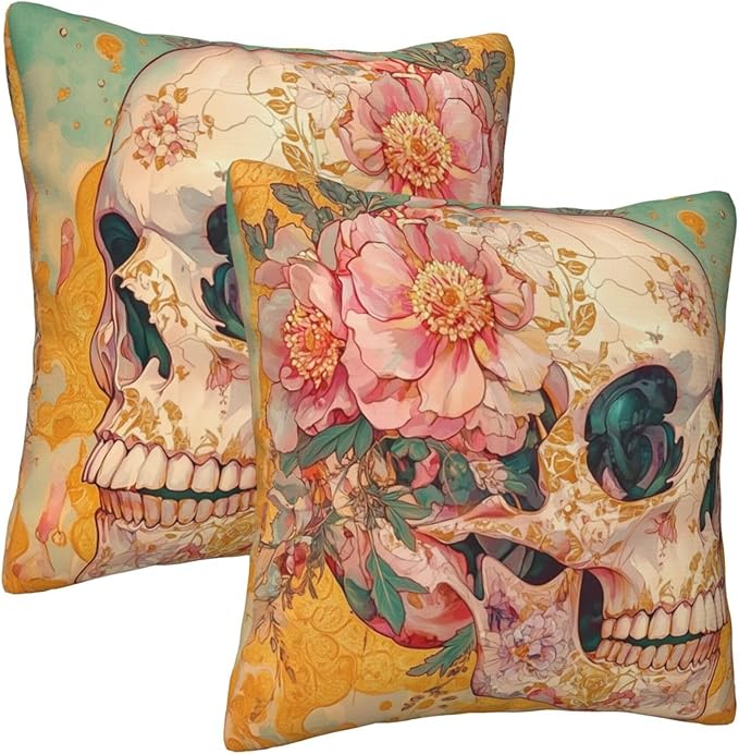 Skull Flower Throw Pillow Covers 18x18 inch Set of 2 Halloween Pillow Case Cushion Cover for Home Sofa Couch Living Room Car Decor