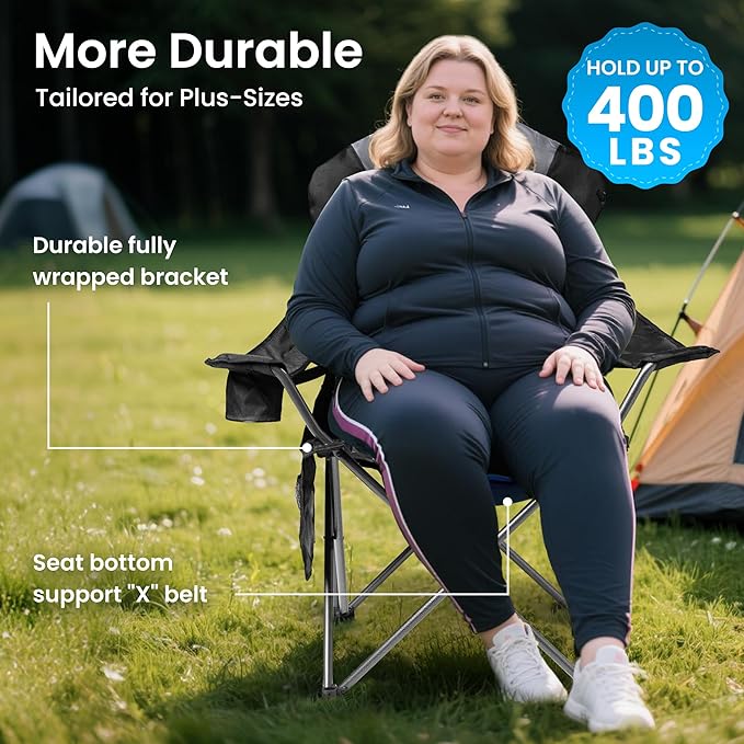 Oversized Camping Chair Heavy Duty- Portable Folding Chair, Cup Holder & Waterproof Phone Case for Adults, Beach, Hiking, Backyard (Black & Gray, 2 PCS-21)
