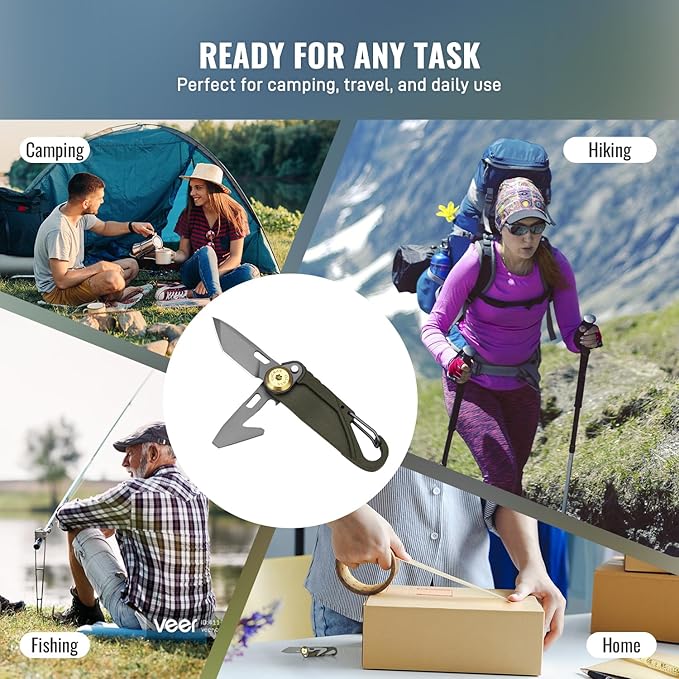 TACRAY Vinto 5-in-1 Small Pocket Knife – Ultra-Light Compact Multitool with Utility Knife, Seatbelt Cutter, Bottle Opener, Flathead Screwdriver & Keyring Attachment for Everyday Carry (Green)