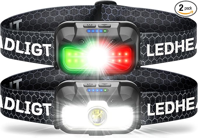 HOKOILN 2-Pack LED Headlamp Rechargeable with Green & Red Light -1300 Lumen Ultra-Bright Flashlight Headlight for Camping, Running, Hiking, Fishing - Waterproof with 7 Modes