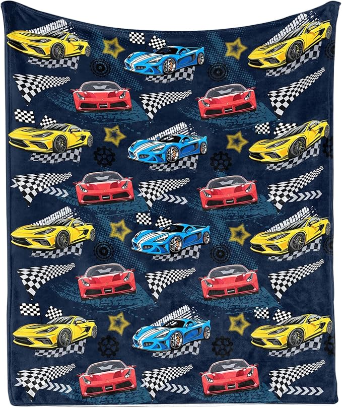 Car Blanket, Racing Car Flannel Blanket for Boys, Race Track Themed Room Decoration for Adult, Christmas Thanksgiving Soft Cozy Gifts for Game Lover 50 * 60 Inches