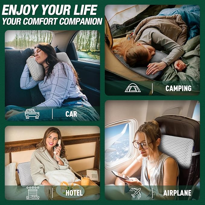 Small Cooling Memory Foam Travel & Camping Pillow for Airplanes & Car Sleeping,Medium Firm Camp Pillow for Backpacking & Hiking with Washable Cover, Compact Portable Bag, Contoured Support, Waterproof