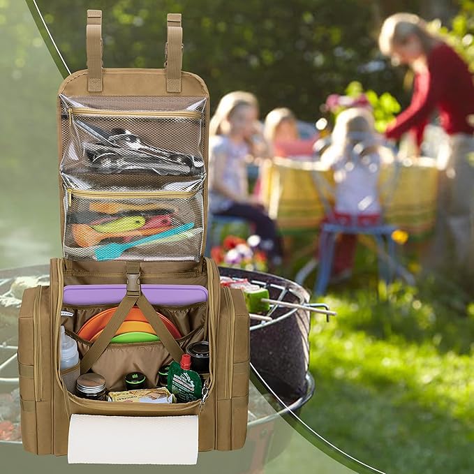 HODRANT Large Tactical Camping Kitchen Organizer, Hanging Cookware Storage Bag with Paper Towel Holder & Multi Pockets, Portable Camp Utensil Organizer for BBQ Cooking Essentials, Khaki, Bag Only