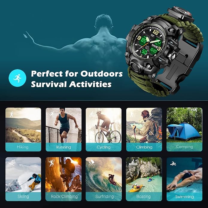 Mens Tactical Military Digital Watch, 23-in-1 Survival Multi-Functional Army Outdoors Waterproof Camouflage Sports Watches Dual Display Analog LED Electronic Wristwatches with Compass Paracord Band
