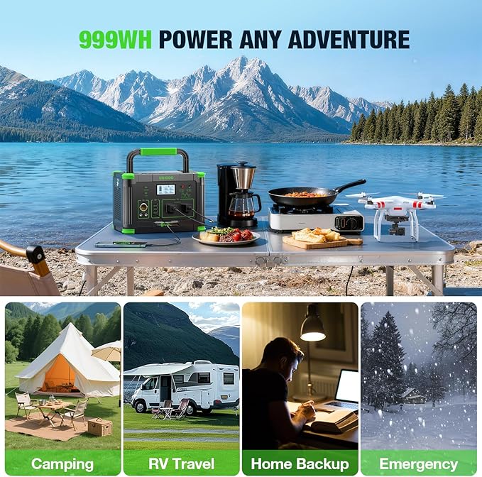 EBL 1000W Portable Power Station With 2x 100W Solar Panels, 999Wh Backup Lithium Battery, Pure Sine Wave AC Outlet, 60W PD Fast Charge Solar Generator Set for Outdoor Emergency Camping Travel Off-grid