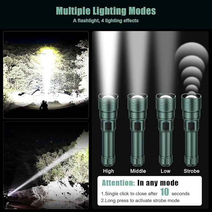 SKYFIRE LED Flashlights High Lumens with Ignition Lens,3000lm Super Bright Rechargeable Flashlight,Zoomable,4 Modes,Waterproof Tactical Flash Light for Camping Essentials,Outdoor and Home,Gift